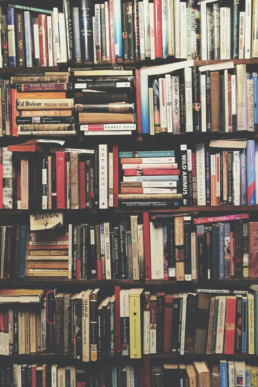 Many books arranged on wooden shelves