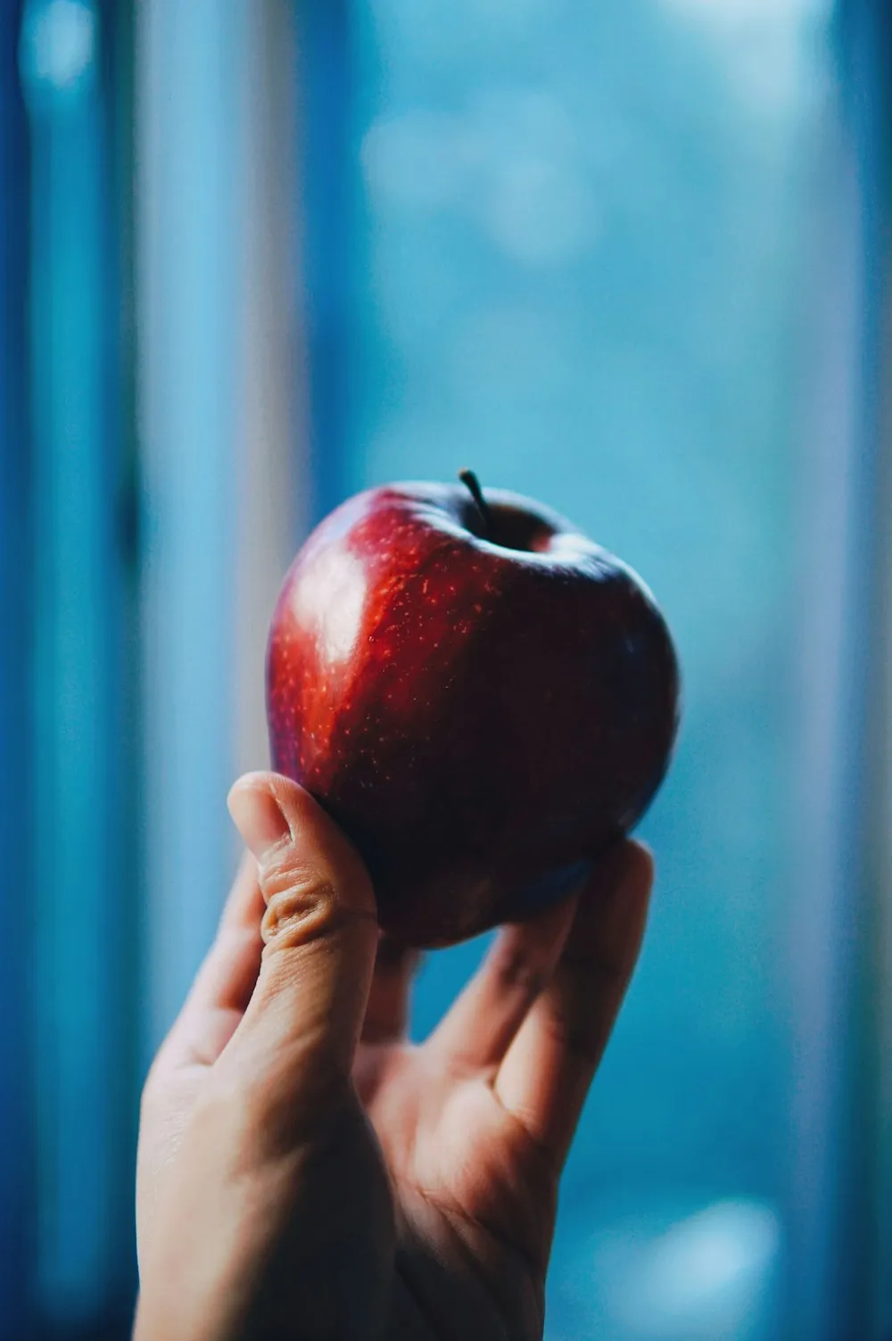 A hand holding a red apple