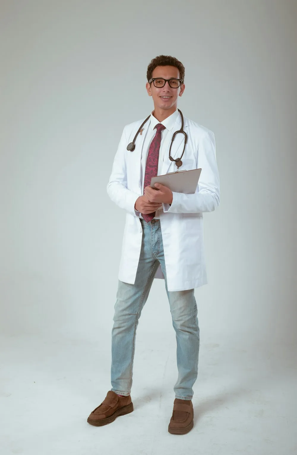A male doctor wearing a white coat and stethoscope