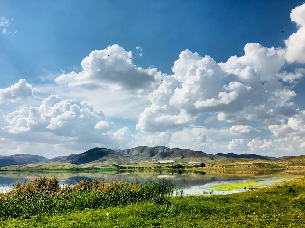 Blue sky and white clouds over a green field